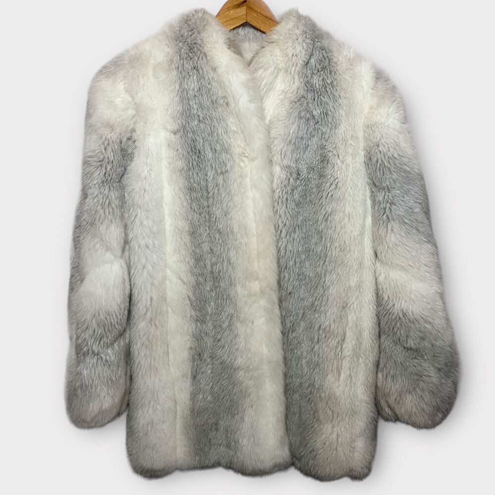 Jordache Vintage 80s Faux Fur White & Gray Padded Shoulders Winter Coat Sz Large